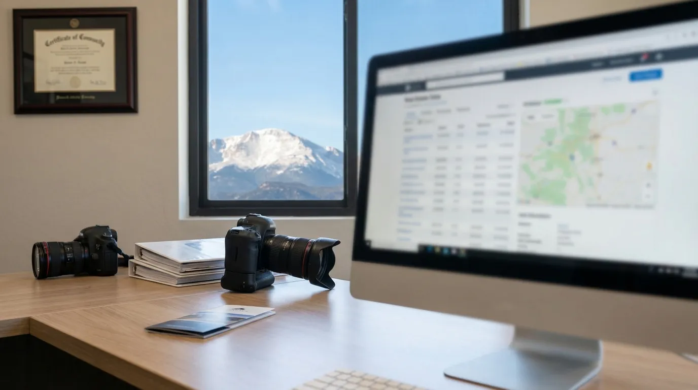 Professional real estate office workspace in Colorado Springs, CO, with MLS listings on screen, VA Loan Specialist certification, and Pikes Peak visible through large windows