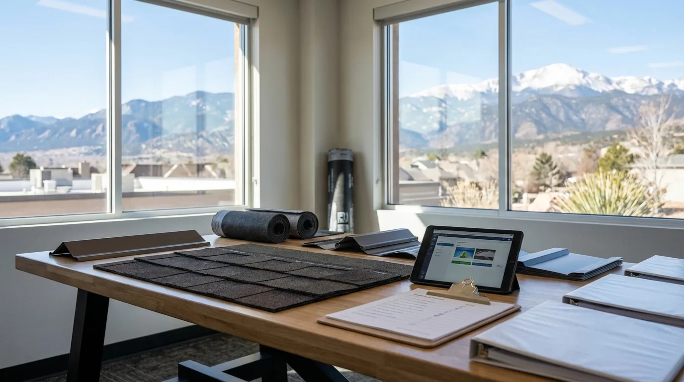 Professional roofing contractor workspace in Colorado Springs, CO, with Class 4 impact-resistant shingle samples, insurance estimate software, and Colorado Springs rooftops visible under a blue sky