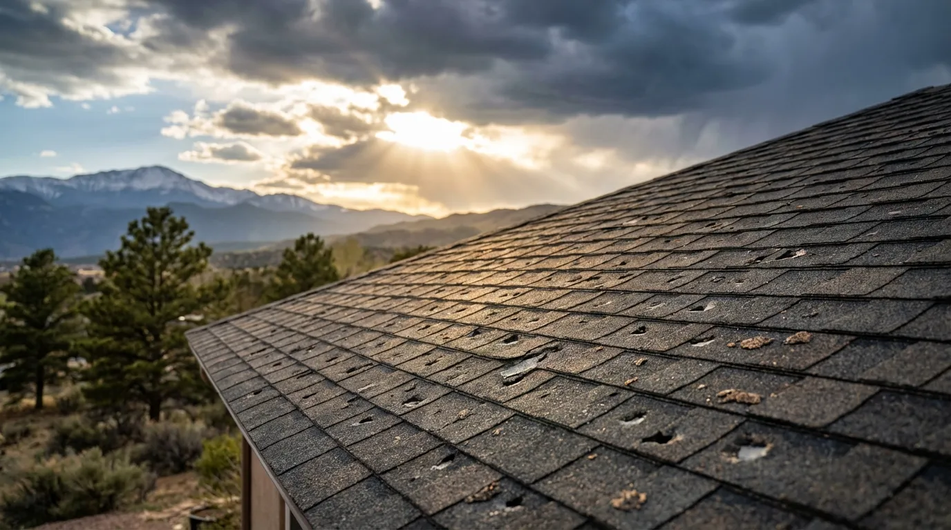 Roofing crew inspecting hail-damaged shingles on a residential home in Colorado Springs