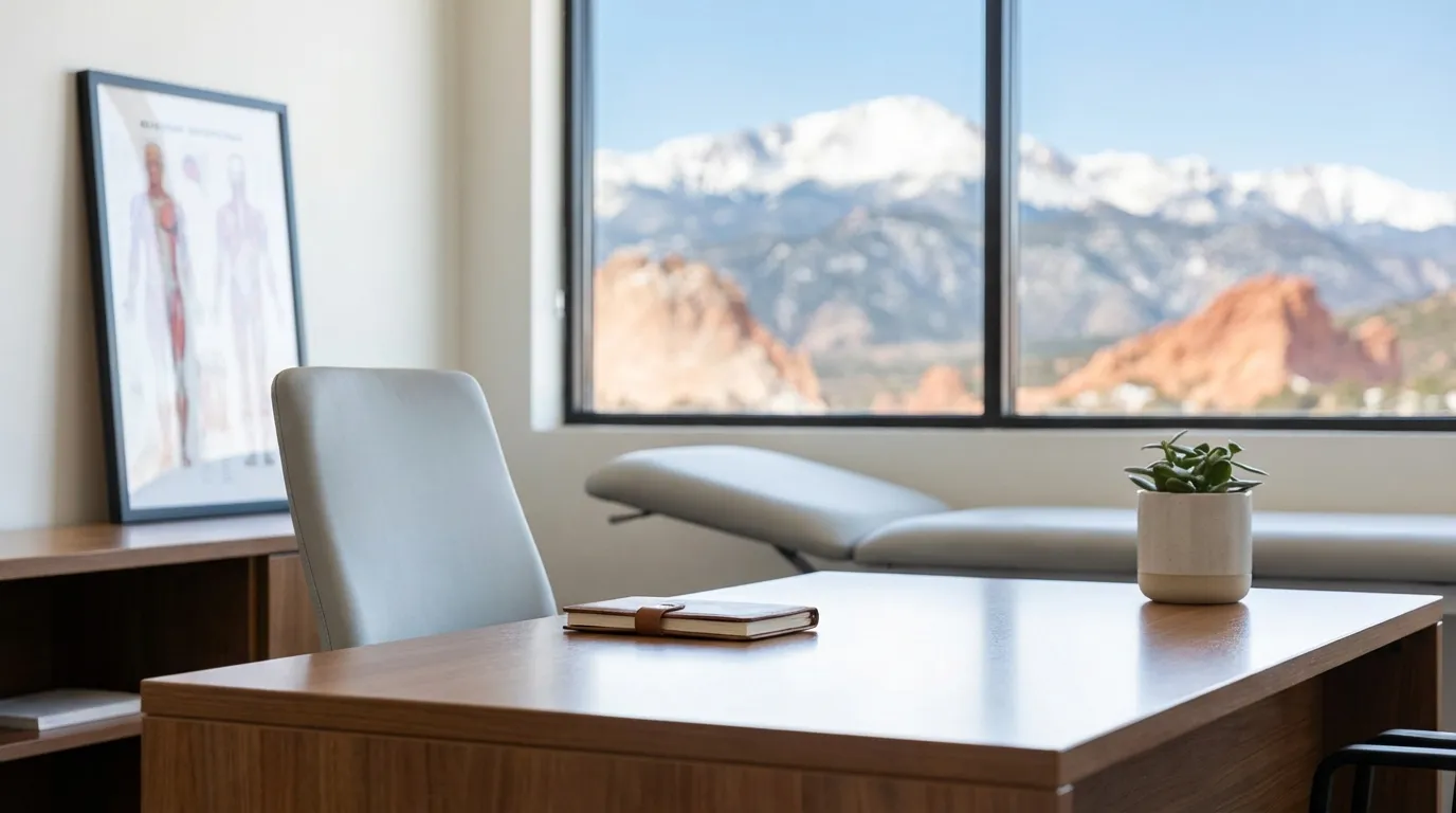 Modern medical practice reception area in Colorado Springs, CO, with welcoming décor, a new patients sign, and Pikes Peak visible through the window under a bright Colorado sky