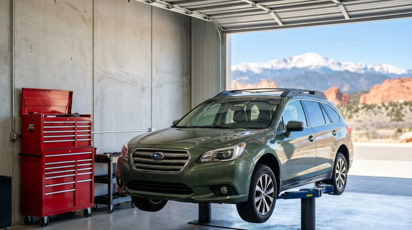 Auto repair mechanic working on a vehicle in a Colorado Springs garage bay