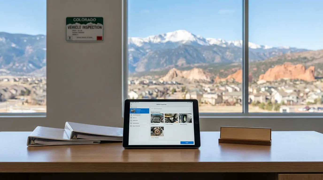 Professional auto repair bay in a Colorado Springs independent shop, with an AWD vehicle on the lift and Pikes Peak visible through the garage door under a clear Colorado sky