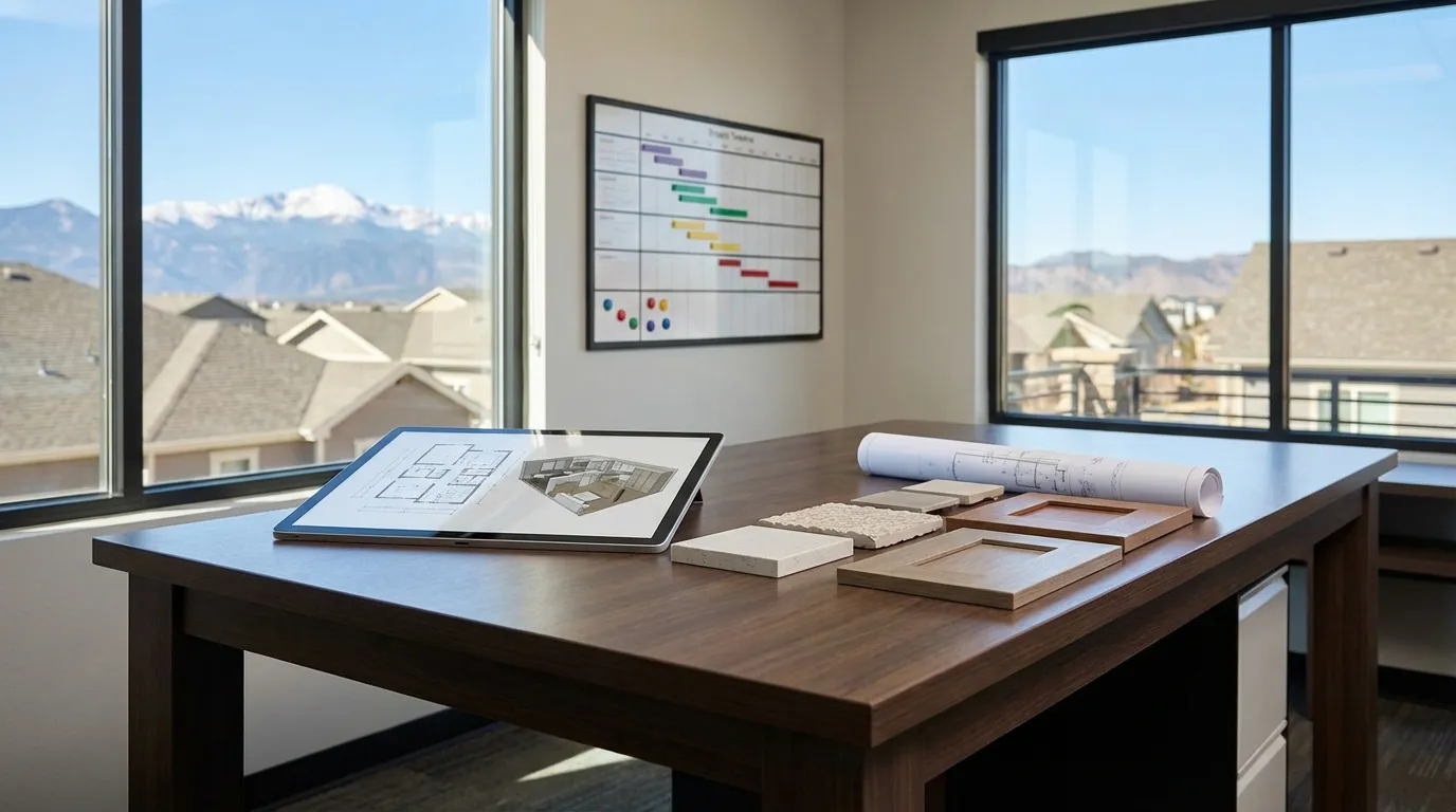 Active kitchen remodel in progress in a Colorado Springs home, with Pikes Peak visible through the window and professional construction materials organized in the workspace
