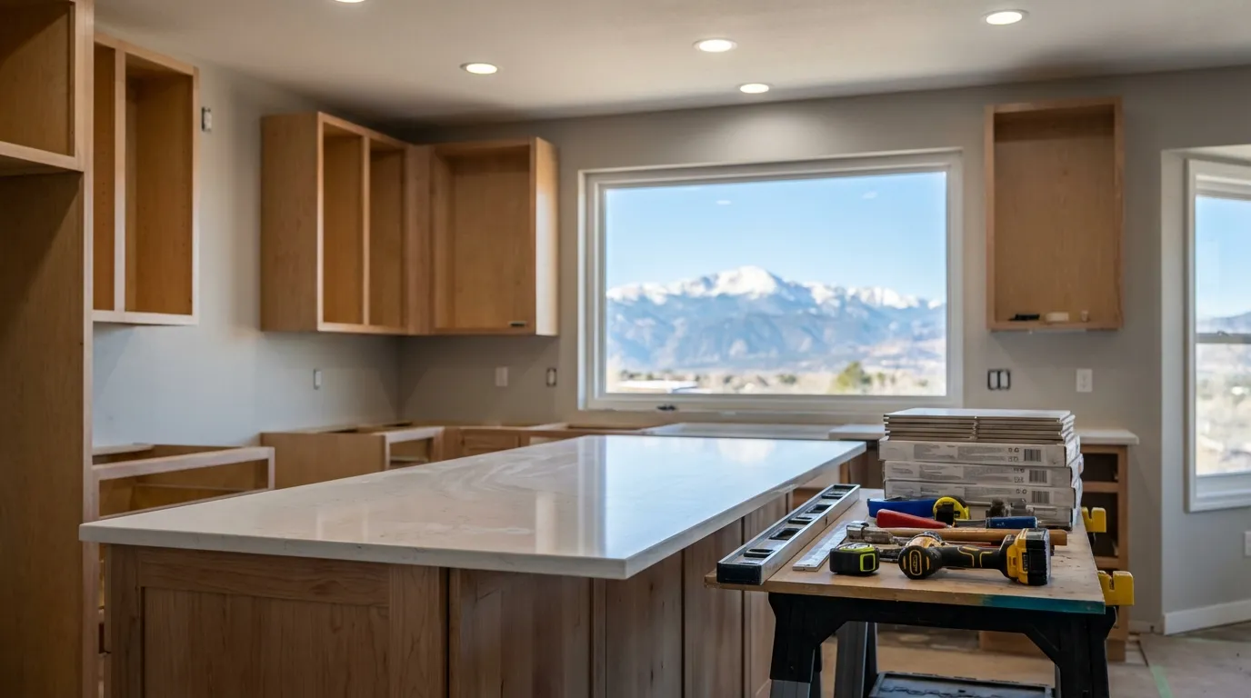 Construction contractor reviewing blueprints at a home remodeling project in Colorado Springs