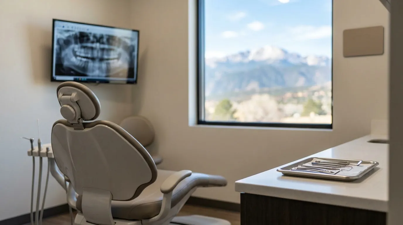 Modern dental operatory in a Colorado Springs practice, with digital X-ray viewer, Tricare Dental Program accepted placard, and Colorado foothills visible through the window