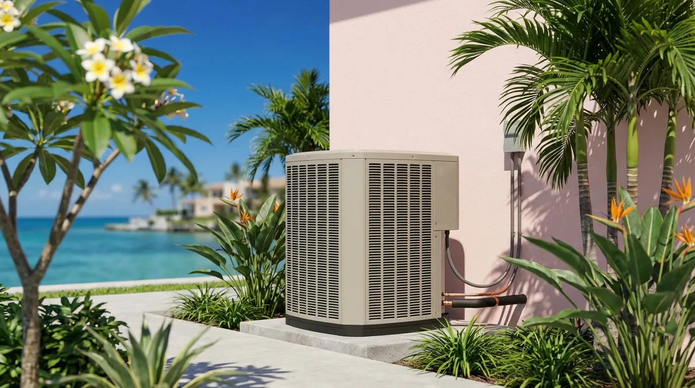 Residential AC condenser unit beside pastel stucco Miami home with royal palms and tropical landscaping under brilliant Florida sun