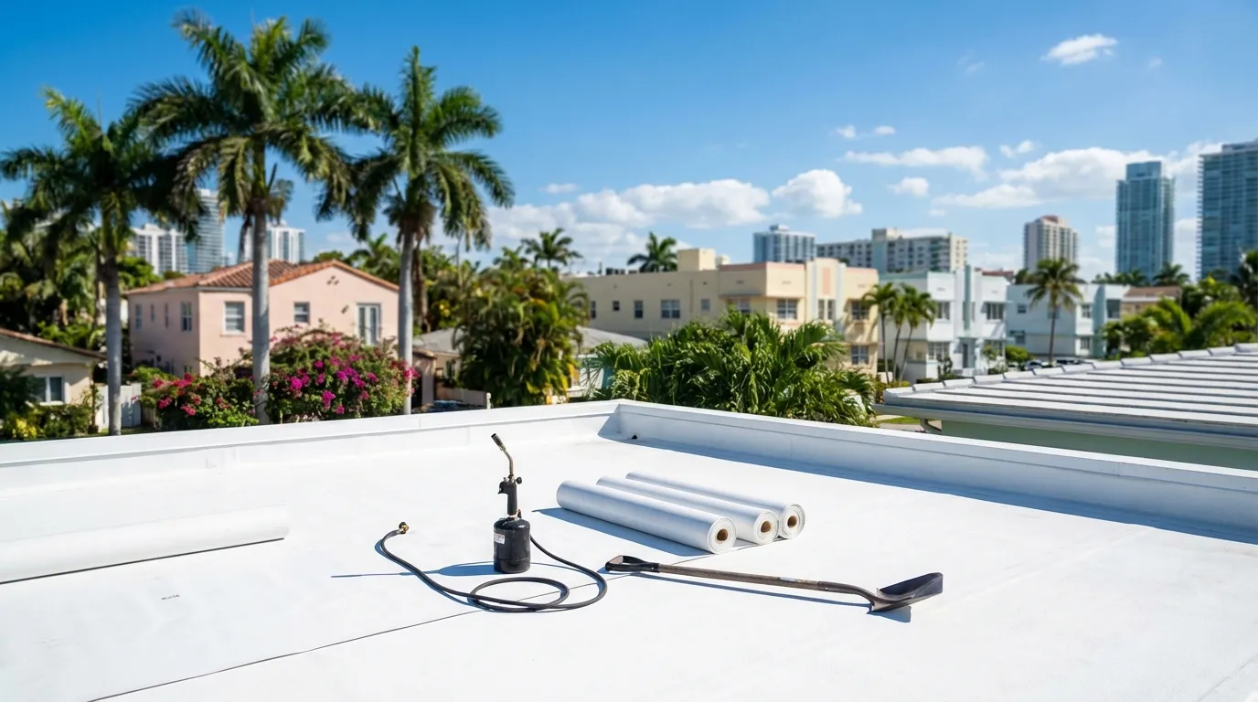 White TPO flat roof being replaced on Miami residential home with royal palms and tropical vegetation under brilliant Florida sky