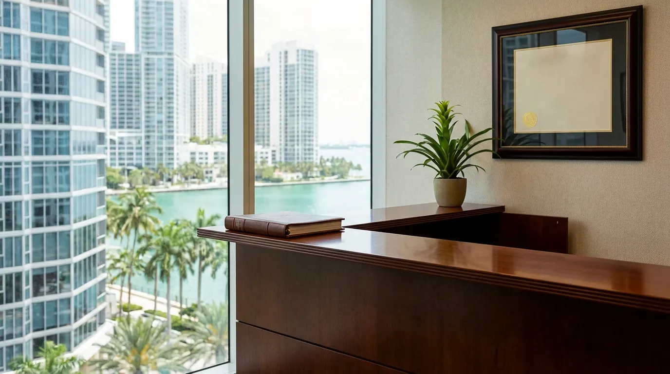 Professional law office reception desk with Brickell skyline and Biscayne Bay visible through floor-to-ceiling windows in Miami, FL