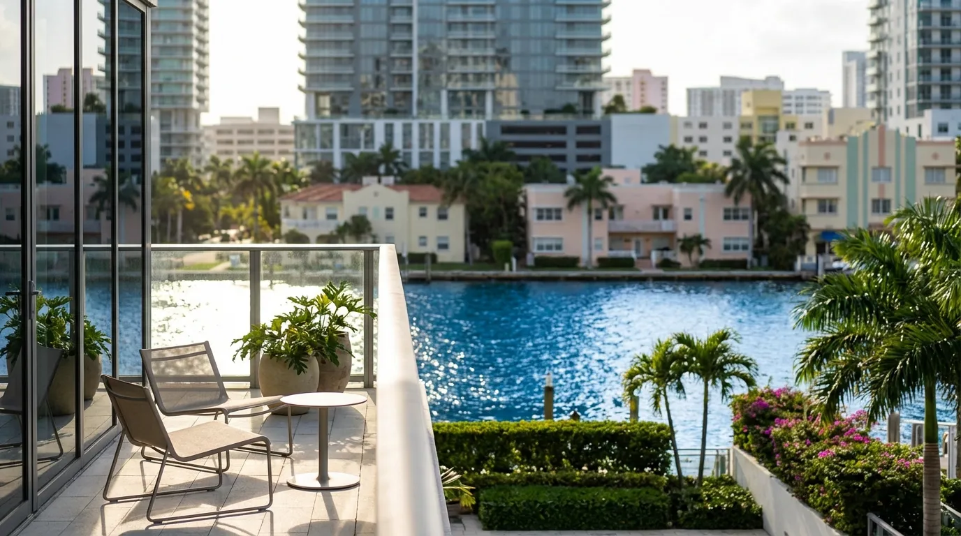 Modern Brickell condo terrace overlooking Biscayne Bay and Miami downtown skyline under brilliant South Florida afternoon light