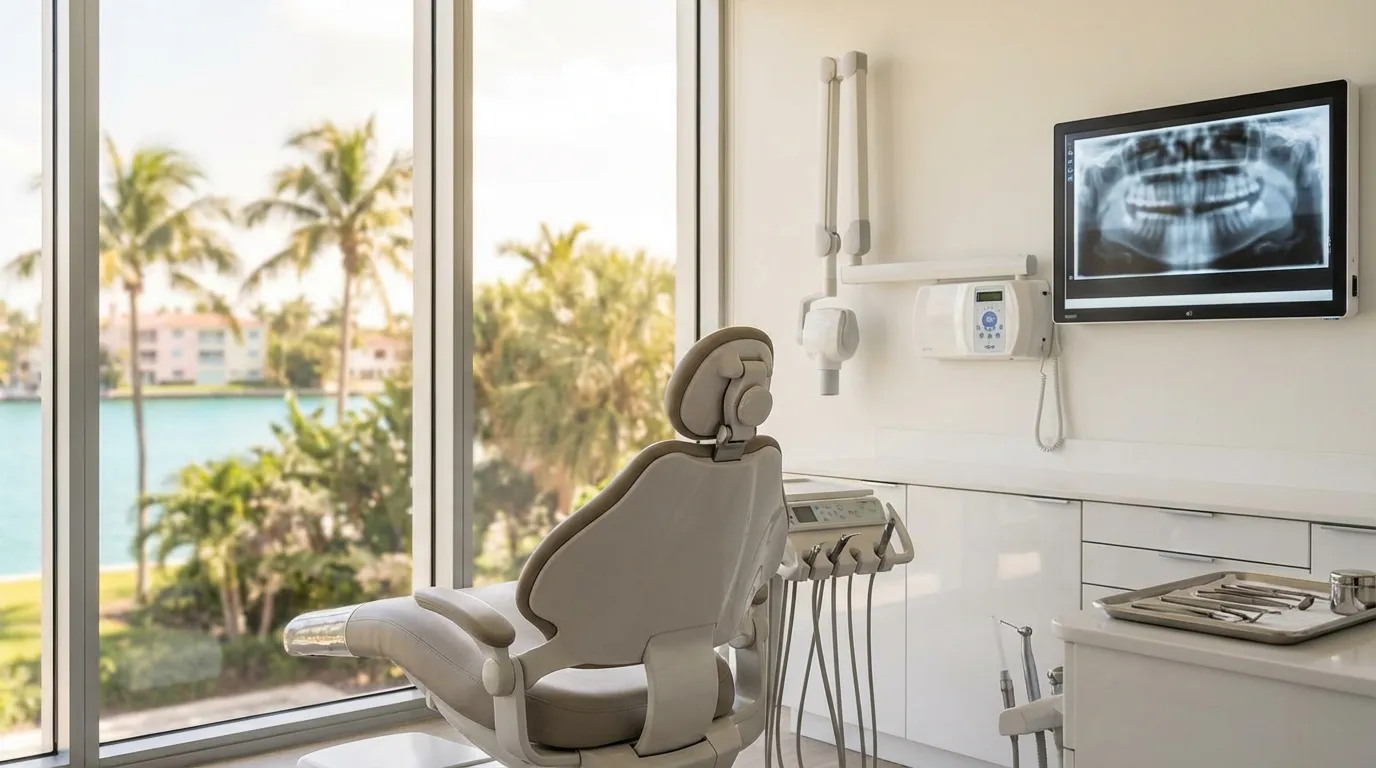 Modern Miami cosmetic dental operatory with digital X-ray viewer and Biscayne Bay visible through large windows in Miami, FL