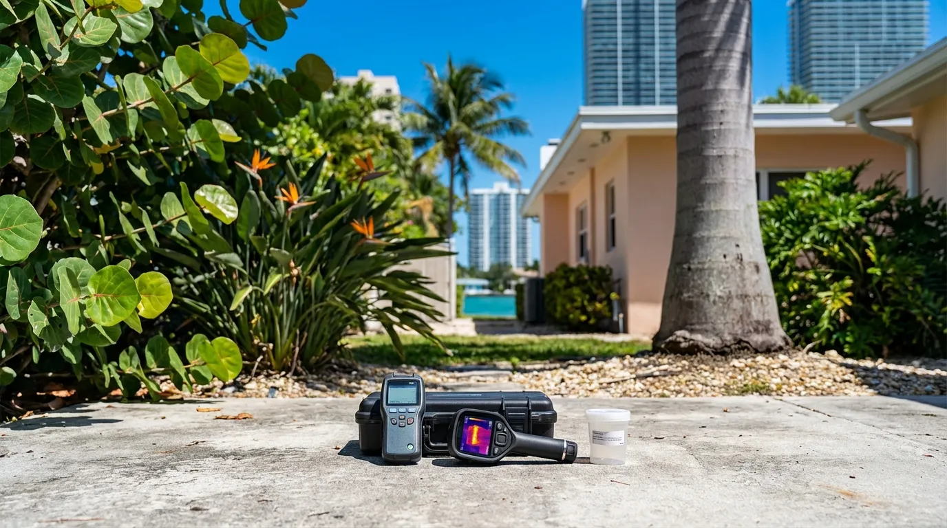 Professional pest control inspection kit on Miami residential patio with lush tropical vegetation and sea grape leaves surrounding the scene
