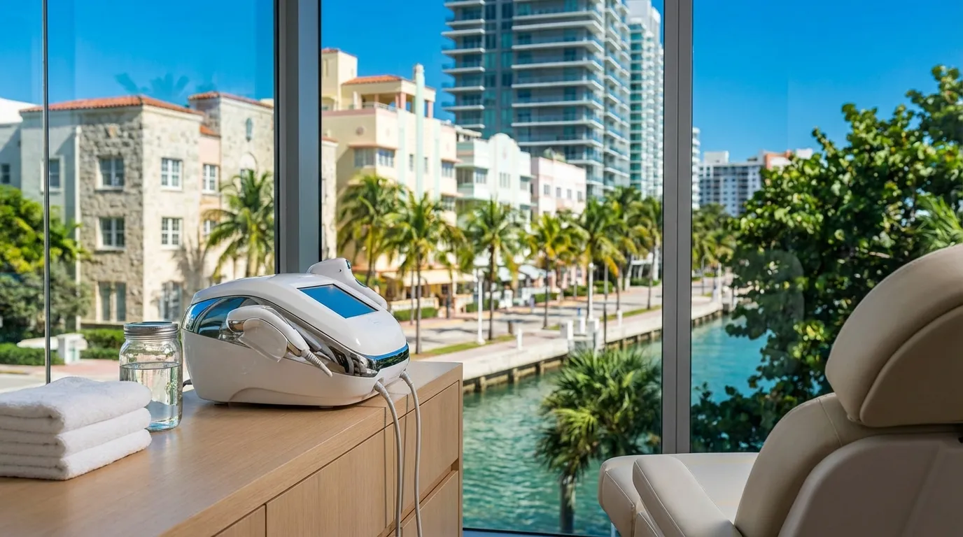 Sleek Miami medspa treatment room with RF microneedling device and tropical palm fronds against brilliant Miami blue sky through floor-to-ceiling window