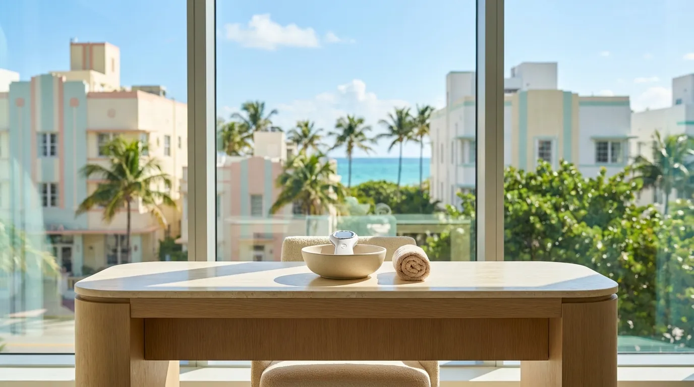 Sleek Miami medspa consultation workspace with 3D facial mapping display and Miami Beach skyline visible through floor-to-ceiling window in Miami, FL