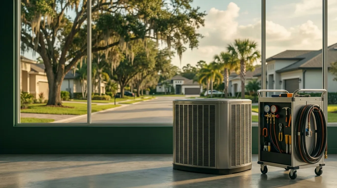 Professional HVAC technician servicing an air conditioning unit at a Tampa Bay area home