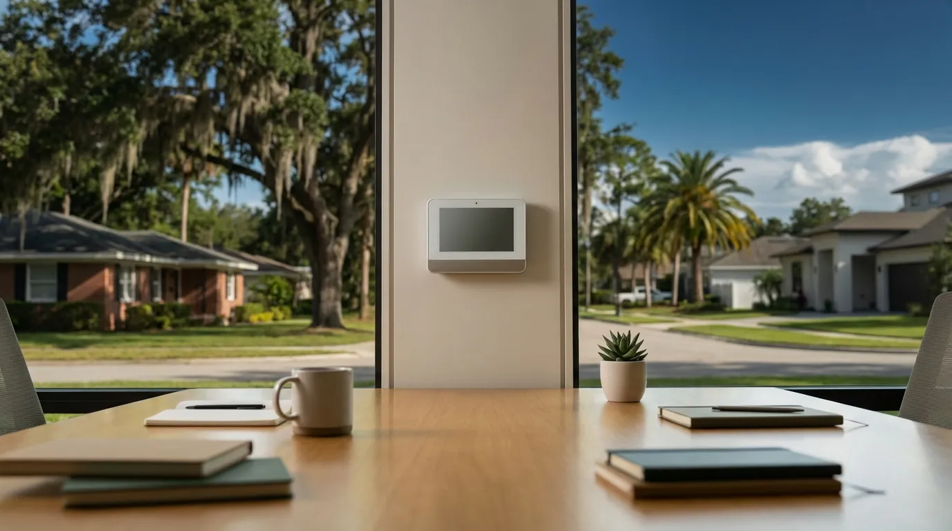 Residential AC condenser unit installed beside a stucco Florida home with palm trees and a bright blue Gulf Coast sky in Tampa, FL