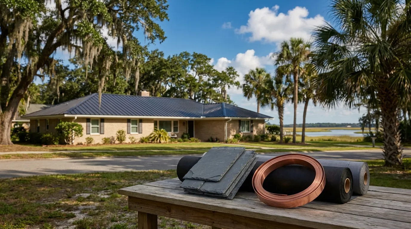 Roofing crew inspecting hurricane-damaged shingles on a residential home in Tampa