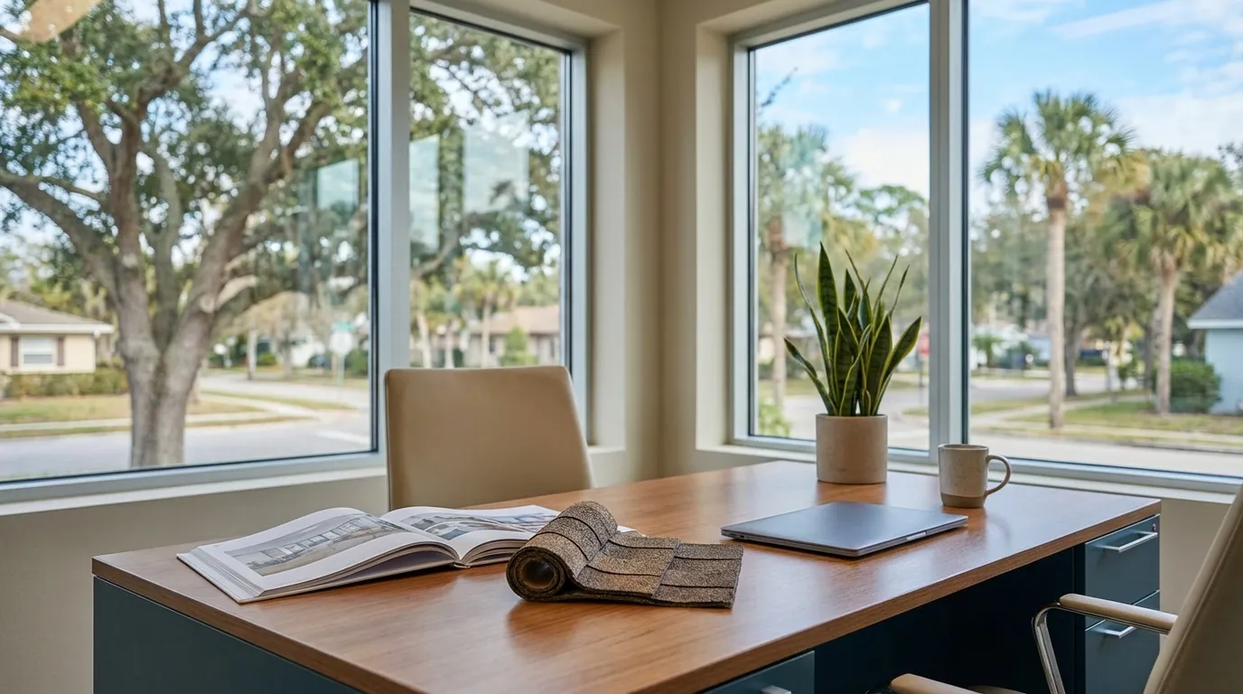 Professional roofing contractor installing asphalt shingles on a residential roof in Tampa, FL, with palm trees and a Gulf Coast sky visible in the background