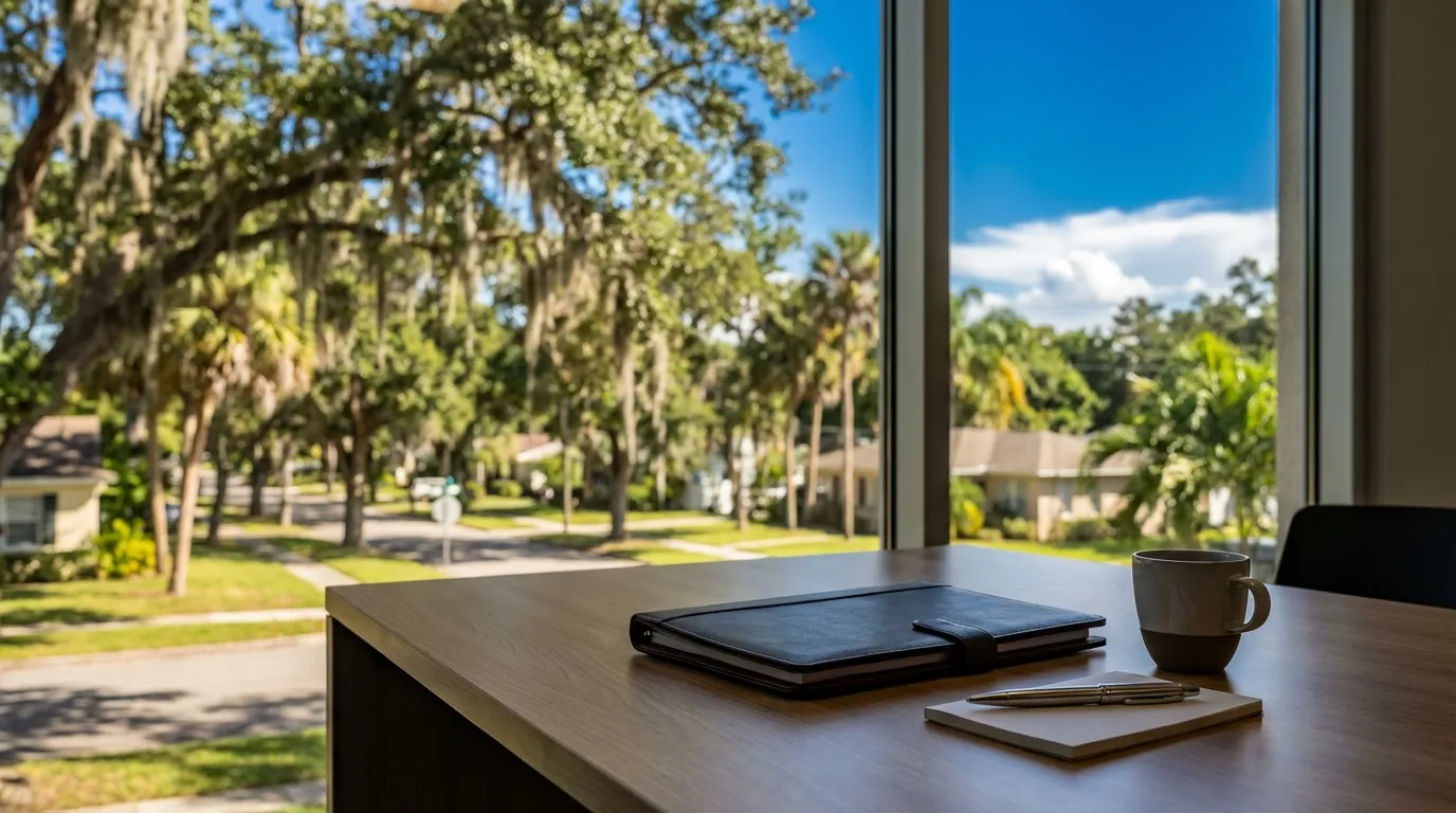 Professional attorney consulting with a client in a modern Tampa law office