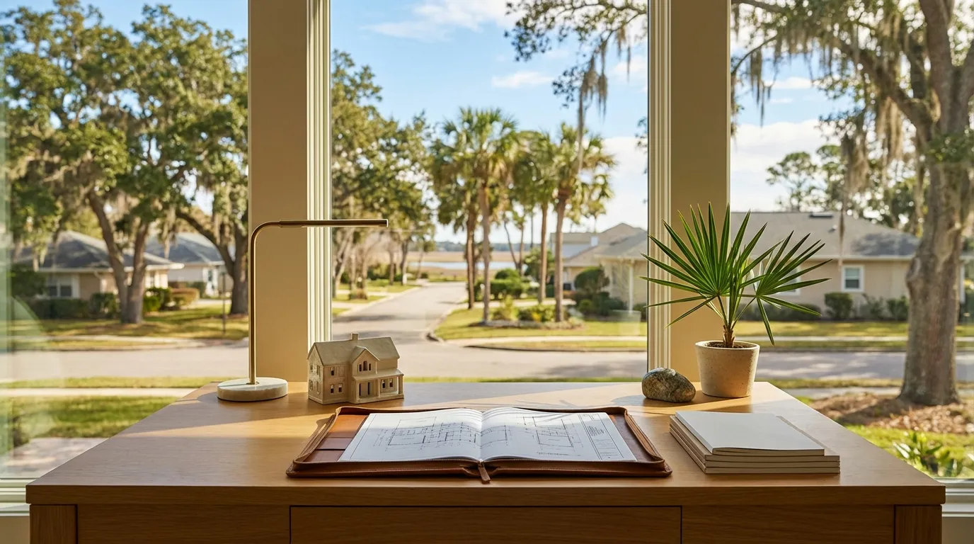 Upscale South Tampa residential street lined with mature live oak trees and Spanish moss, featuring a craftsman bungalow with a for-sale sign and a glimpse of Tampa Bay at the end of the street