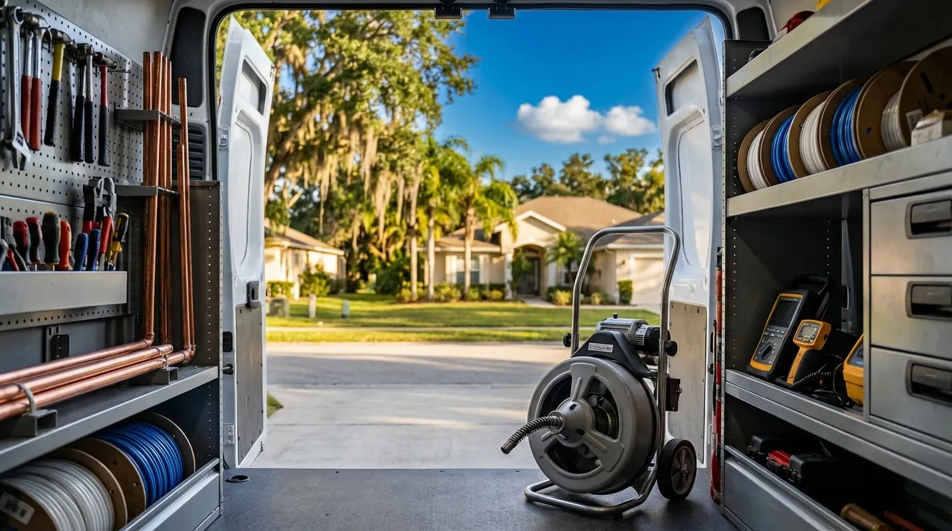 Professional plumber repairing pipes under a kitchen sink in a Tampa home