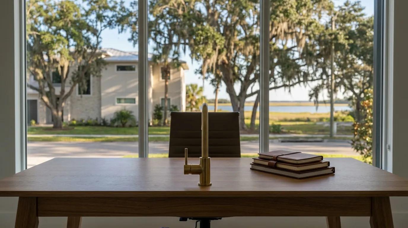 Professional plumber examining copper pipes beneath a bathroom sink in an older Florida bungalow in Tampa, FL, with vintage tile and period woodwork visible in the background