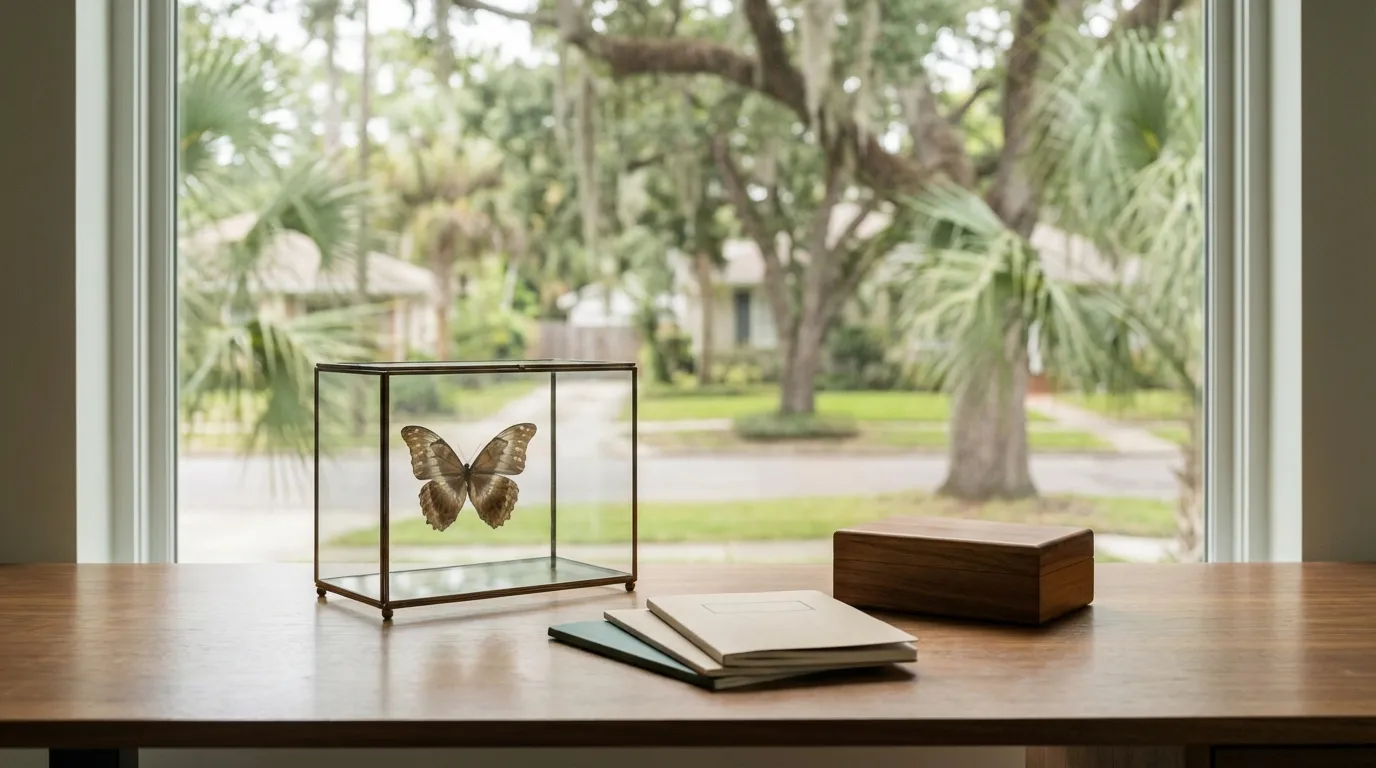 Professional pest control technician in uniform inspecting the exterior base of a stucco Florida home with tropical landscaping in Tampa, FL