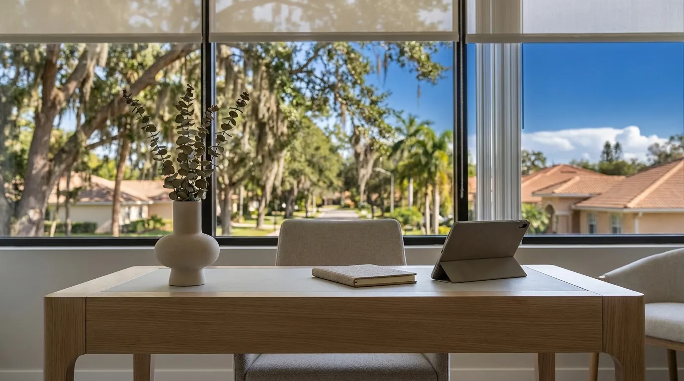 Modern medical office reception area with warm natural light and tropical courtyard view in Tampa, FL, featuring wood accents and a professional reception desk
