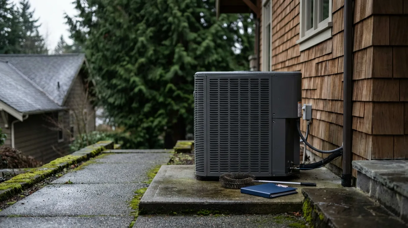 Professional heat pump condenser unit beside a cedar-sided craftsman home in a Seattle, WA residential neighborhood