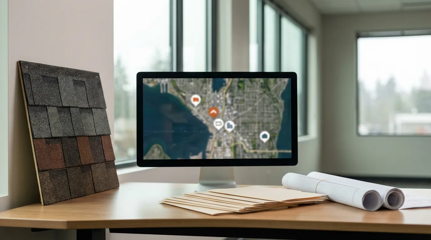 Professional roofing contractor inspecting a craftsman home roof for moss and storm damage in Seattle, WA