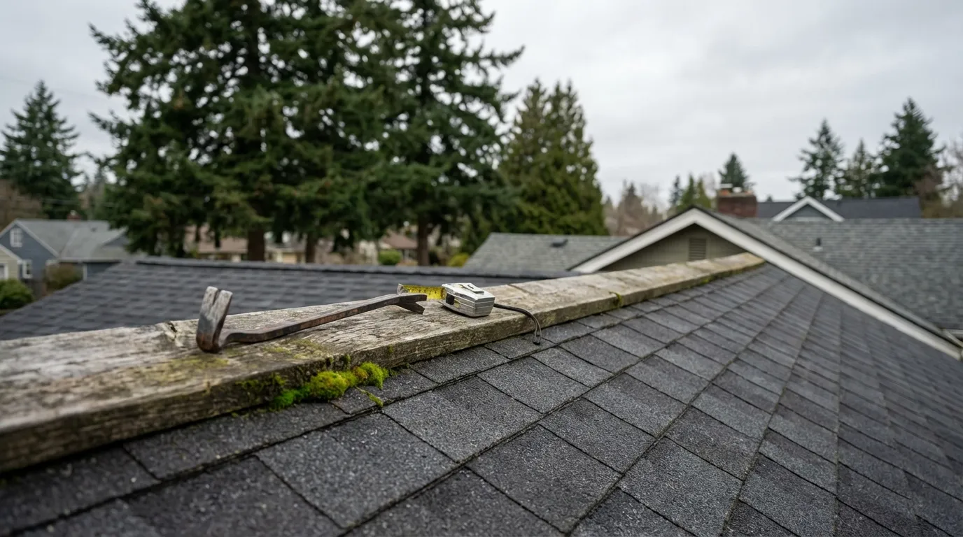 Craftsman bungalow rooftop with dark architectural shingles being inspected on an overcast day in Seattle, WA