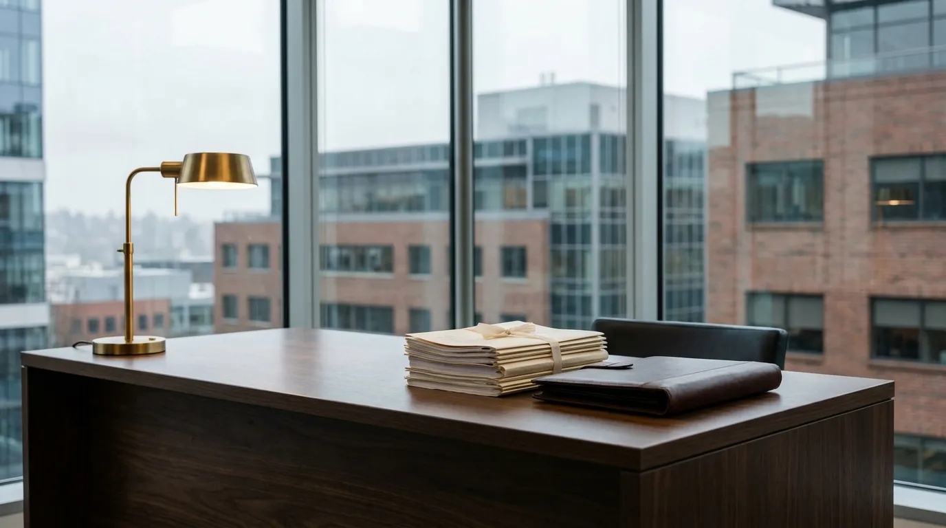 Polished dark walnut law office desk with legal documents and floor-to-ceiling windows in a Seattle, WA office