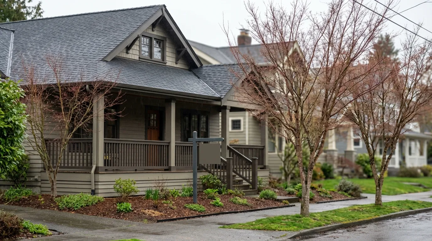 Craftsman-style Seattle home exterior on a residential street with Japanese maple trees in Seattle, WA