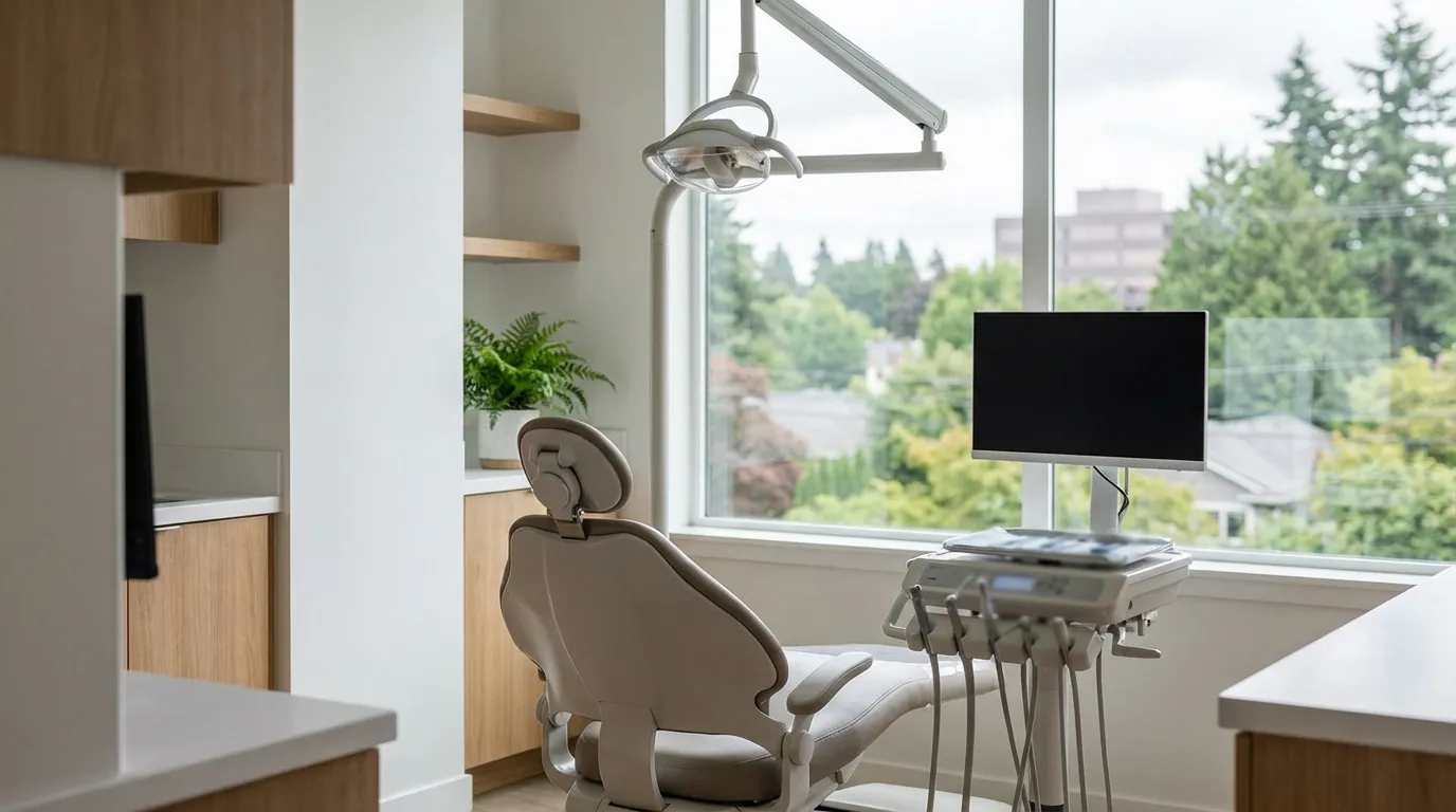 Modern dental operatory chair in a clean Seattle, WA dental practice with Pacific Northwest neighborhood view