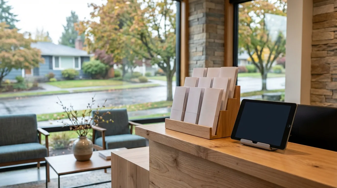 Modern dental office reception area in a Seattle, WA practice with natural wood decor and Pacific Northwest design