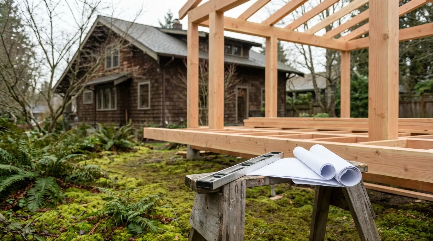 Partially completed ADU framing structure in a Seattle, WA backyard with craftsman main house visible