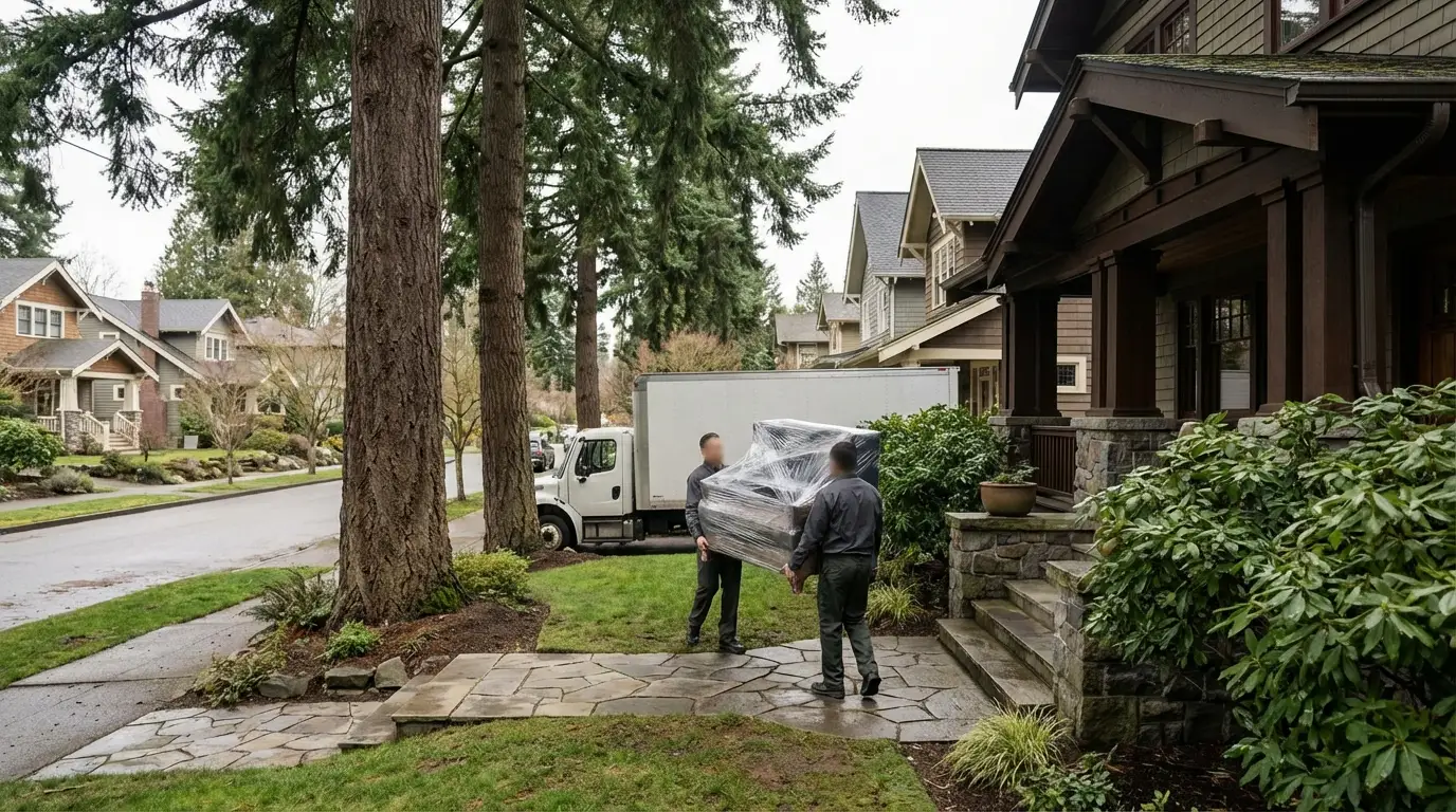 Professional moving truck on a quiet Seattle, WA craftsman residential street lined with Douglas fir trees