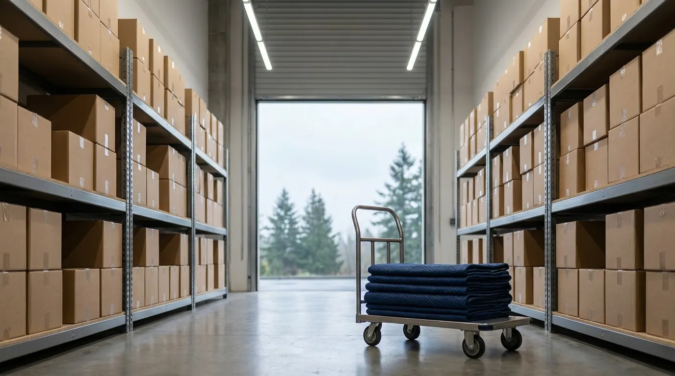 Clean organized moving and storage facility interior with Seattle evergreen tree view through loading dock in Seattle, WA
