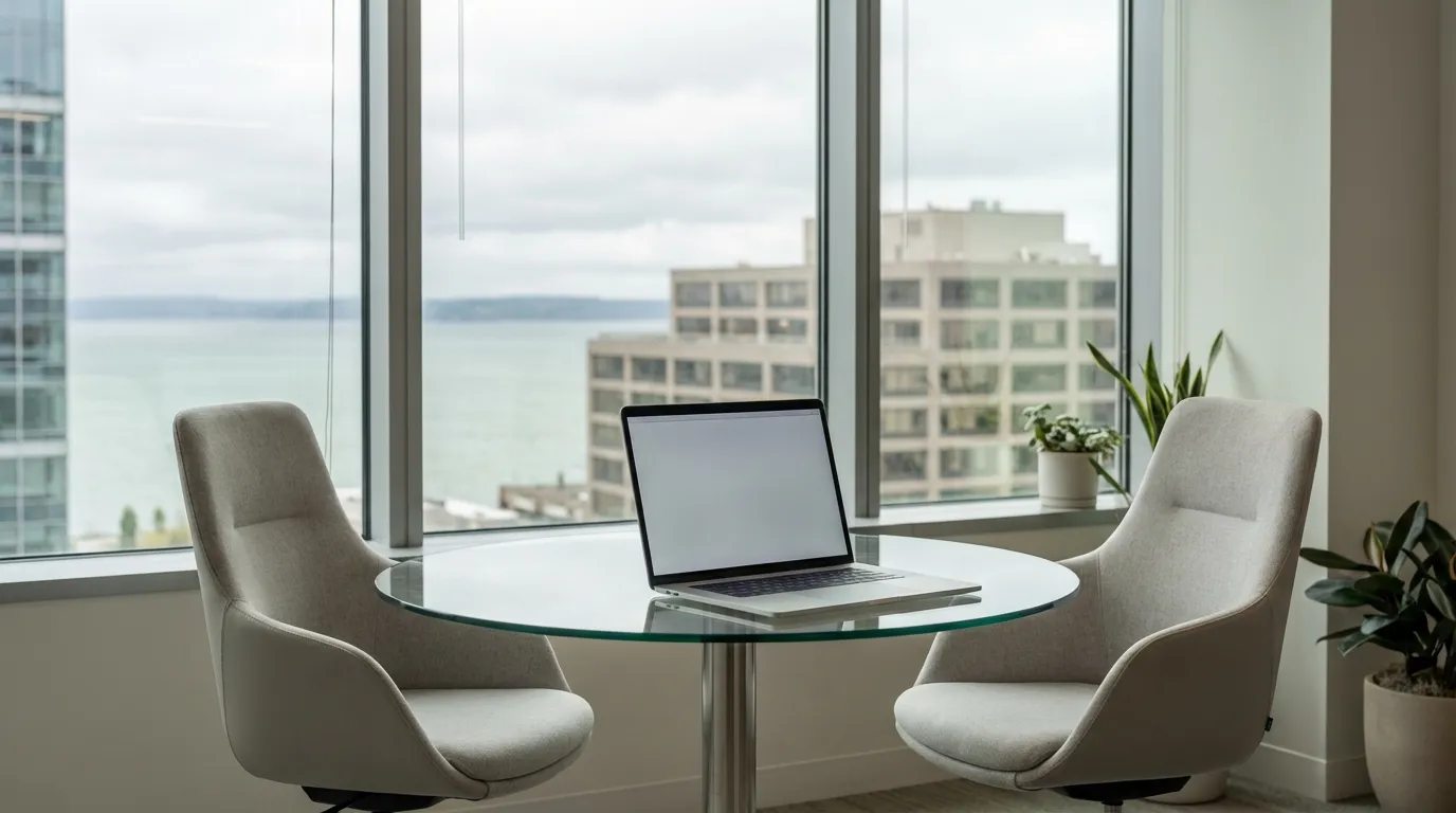 Financial advisor reviewing investment portfolio charts in a modern Seattle, WA office with Puget Sound view