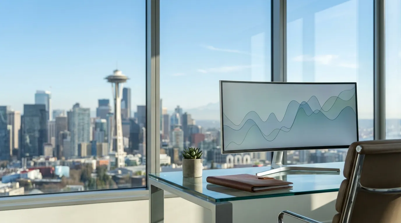 Minimalist financial advisor workspace with Seattle, WA downtown skyline view through floor-to-ceiling windows