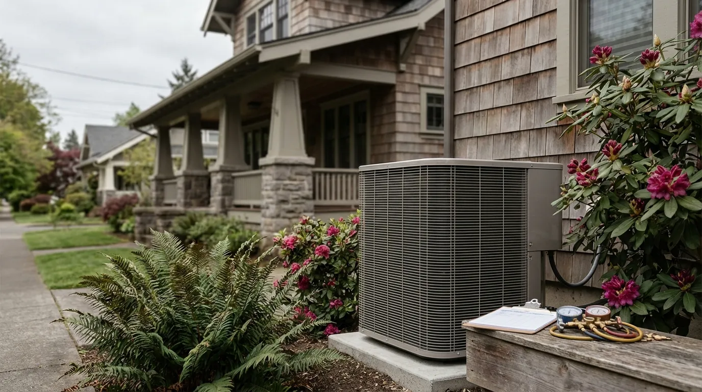Professional HVAC technician servicing a heat pump condenser unit beside a historic Craftsman bungalow in Portland, OR