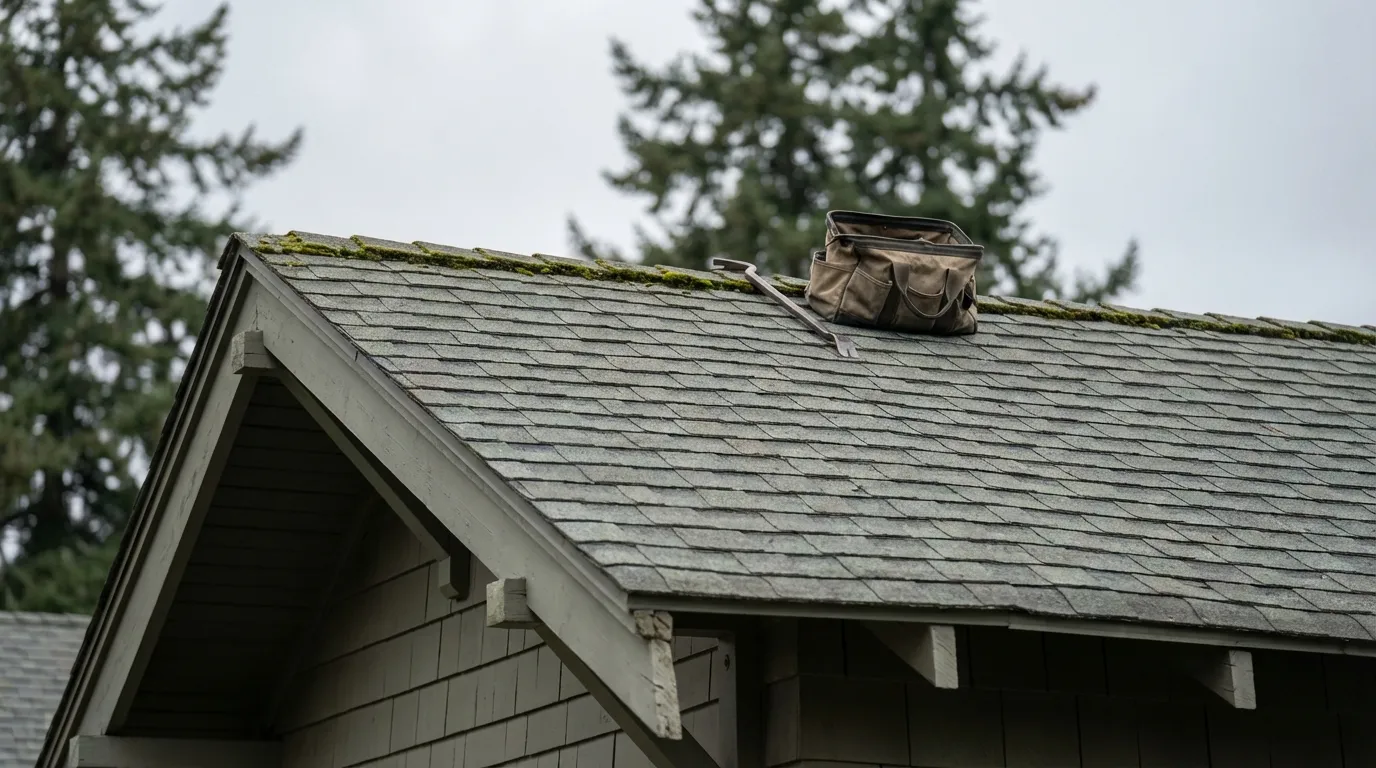 Roofing contractor inspecting moss-covered shingles on a historic Craftsman bungalow rooftop in Portland, OR