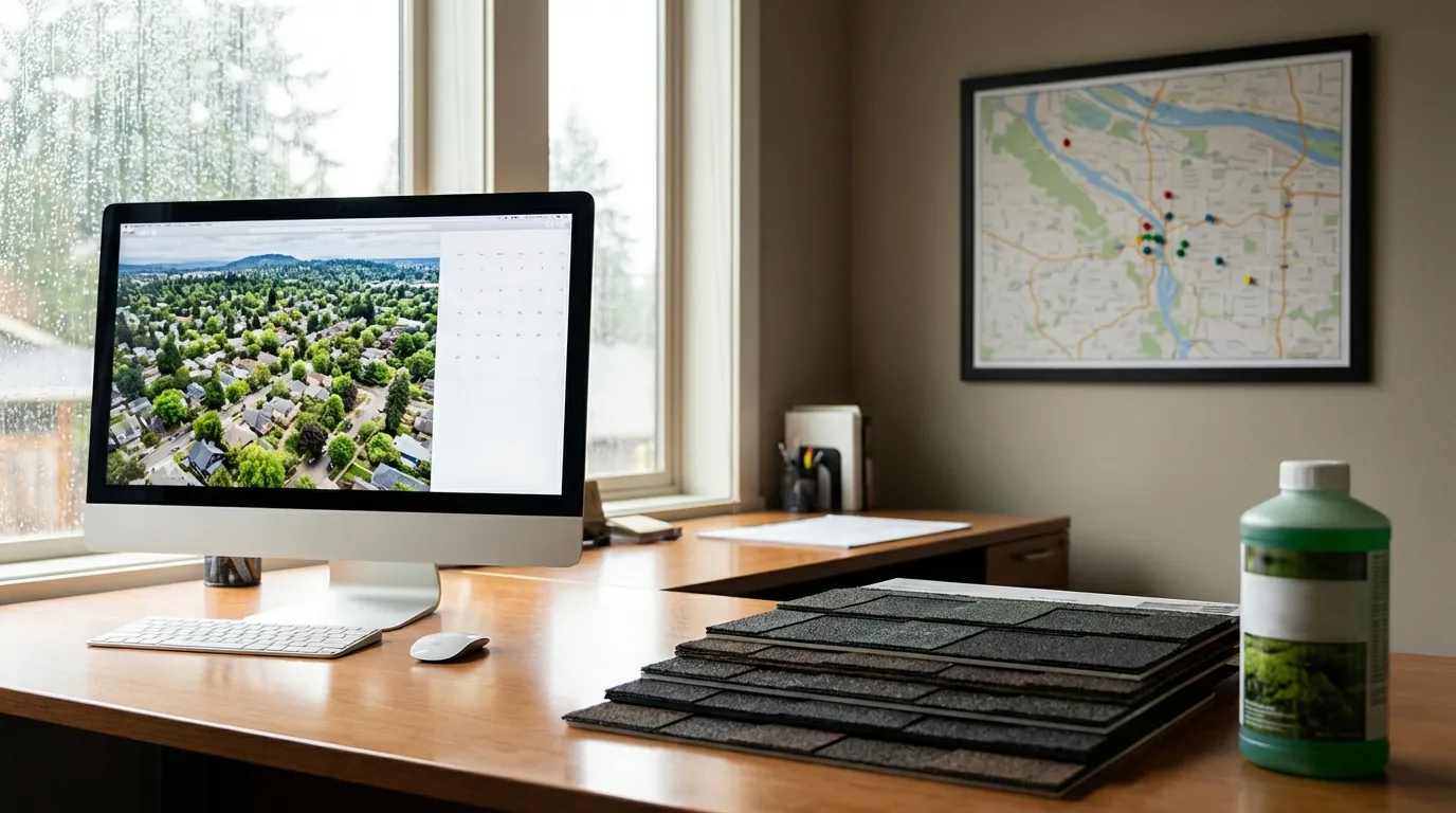 Roofing contractor inspecting moss-covered shingles on a historic Craftsman bungalow rooftop in Portland, OR
