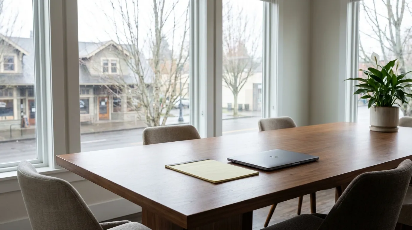 Professional Portland attorney's office with Craftsman-era architectural details and legal reference materials, Portland, OR