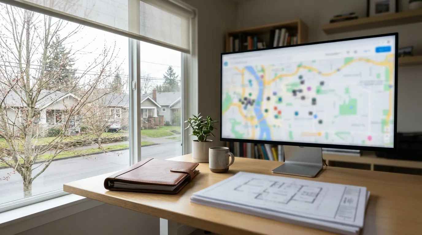 Portland real estate agent reviewing property listings on a computer in a modern office overlooking a tree-lined SE Portland street, Portland, OR
