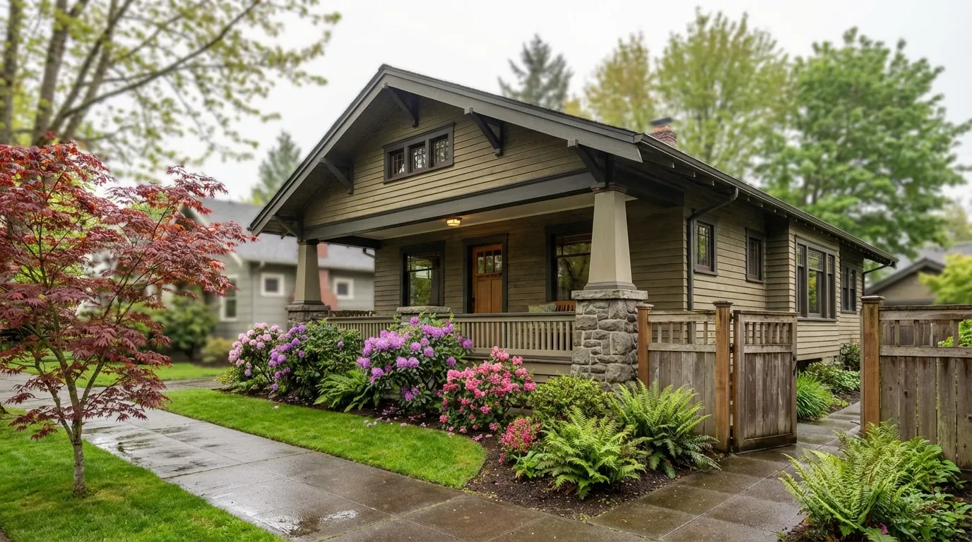 Portland Craftsman bungalow with blooming rhododendrons and Japanese maple trees on a tree-lined street, Portland, OR