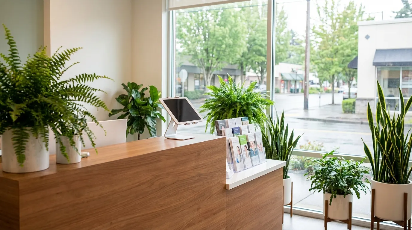 Modern dental office reception area with warm wood tones and natural light overlooking a Portland street, Portland, OR