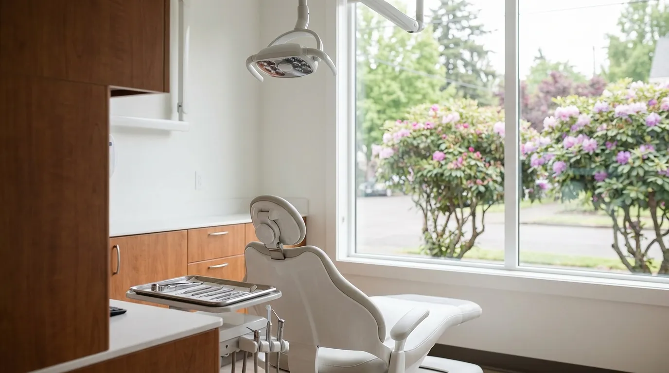 Modern dental operatory in a bright Portland practice with Pacific Northwest contemporary design and natural light, Portland, OR