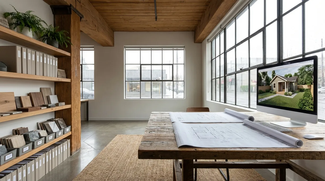 ADU backyard cottage under construction behind a Craftsman bungalow in a Portland residential neighborhood, Portland, OR