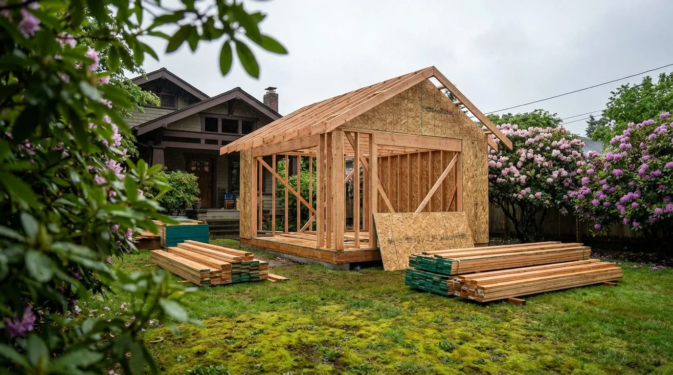 ADU backyard cottage under construction behind a Craftsman bungalow in a Portland residential neighborhood, Portland, OR