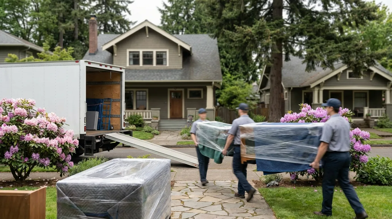 Professional moving crew loading furniture onto a moving truck in front of a Craftsman bungalow on a Portland street, Portland, OR